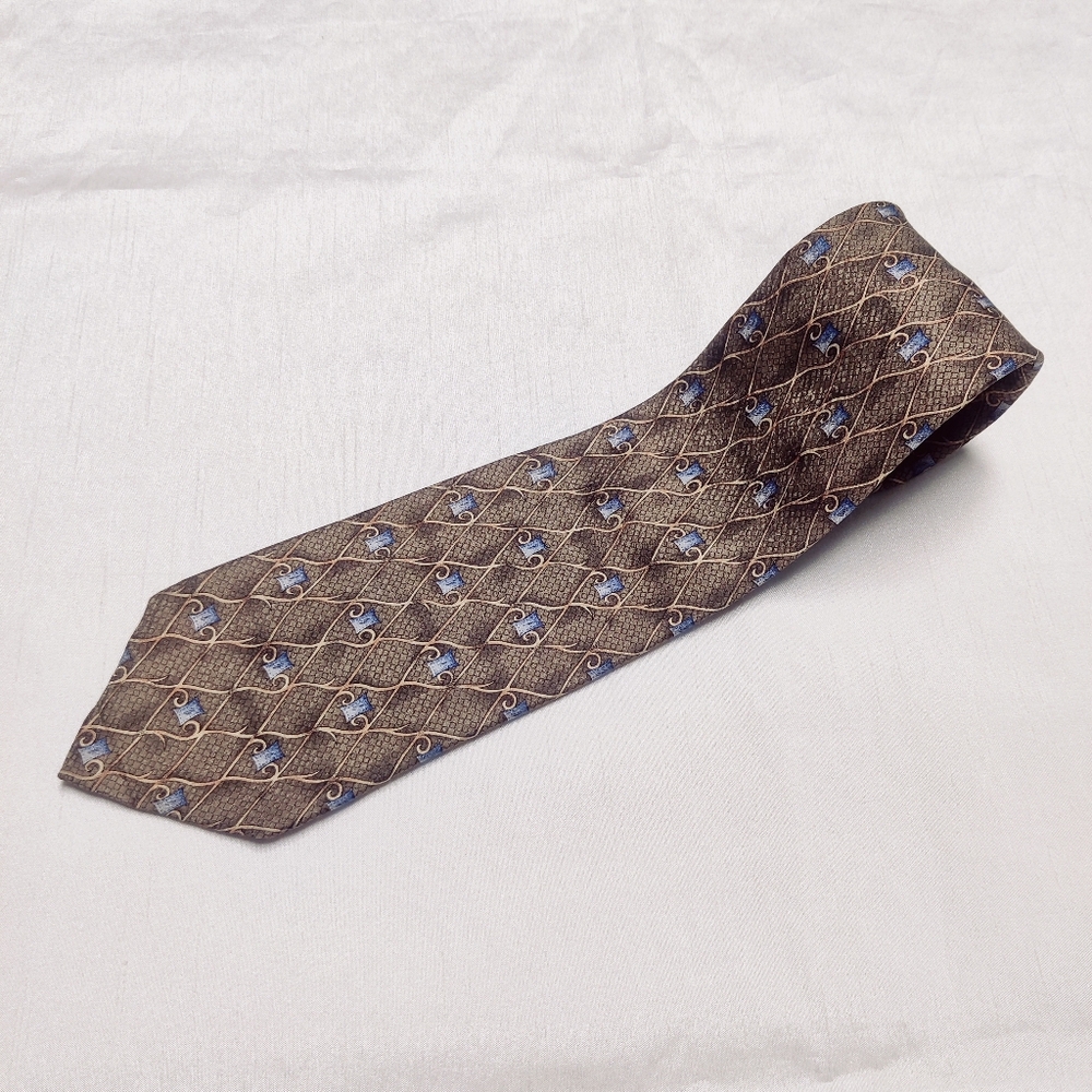 VTG Christian Dior Tie 100% Silk Gold Blue Pattern Made in Canada